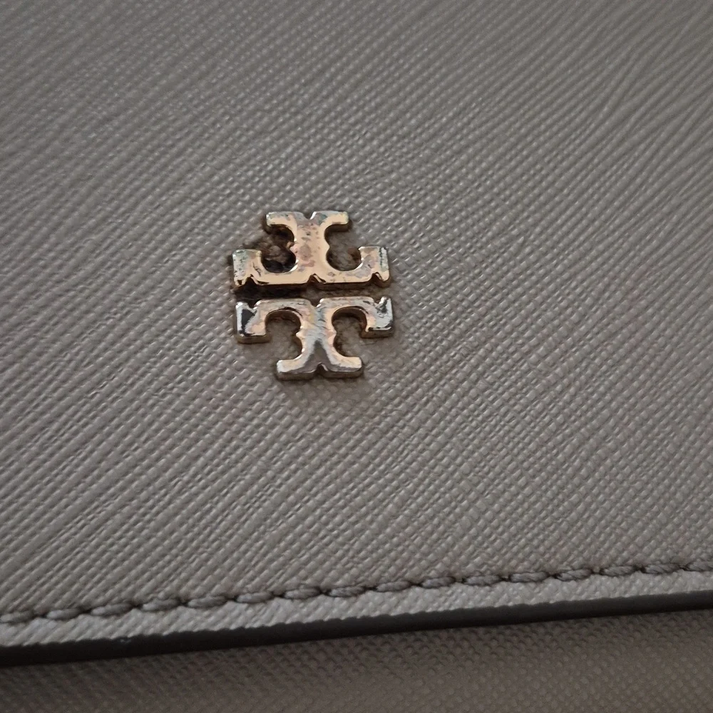 Tory Burch Light Gray Saffiano Crossbody with Gold Logo